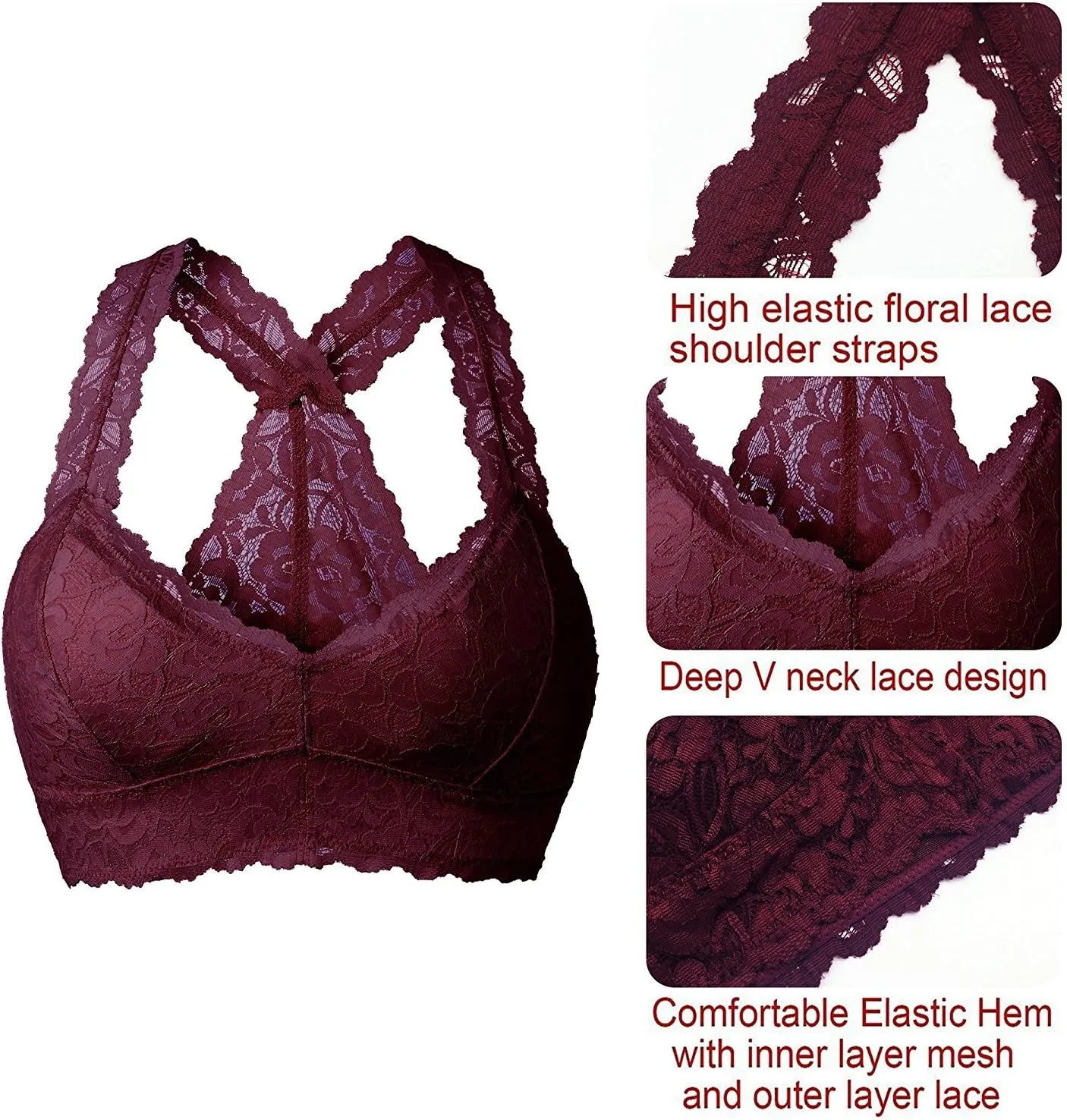 YIANNA Women Floral Lace Bralette Padded Breathable Sexy Racerback Lace Bra