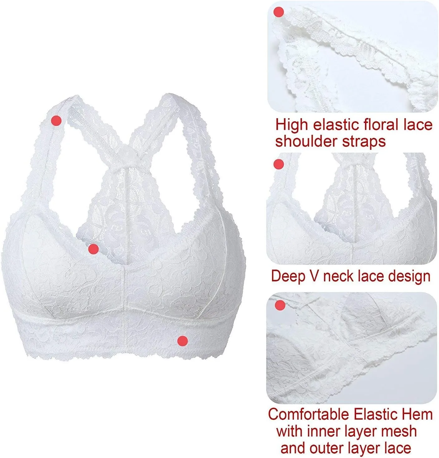 YIANNA Women Floral Lace Bralette Padded Breathable Sexy Racerback Lace Bra