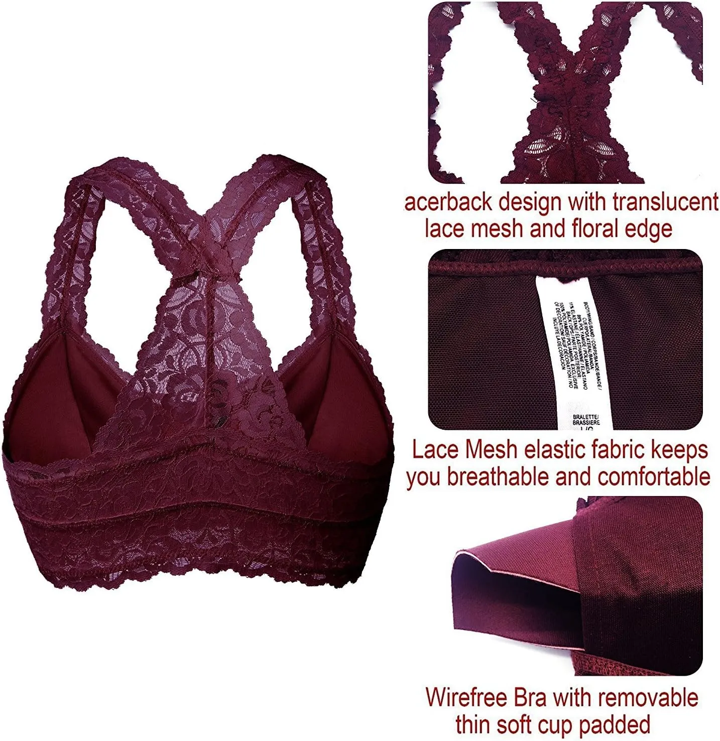 YIANNA Women Floral Lace Bralette Padded Breathable Sexy Racerback Lace Bra