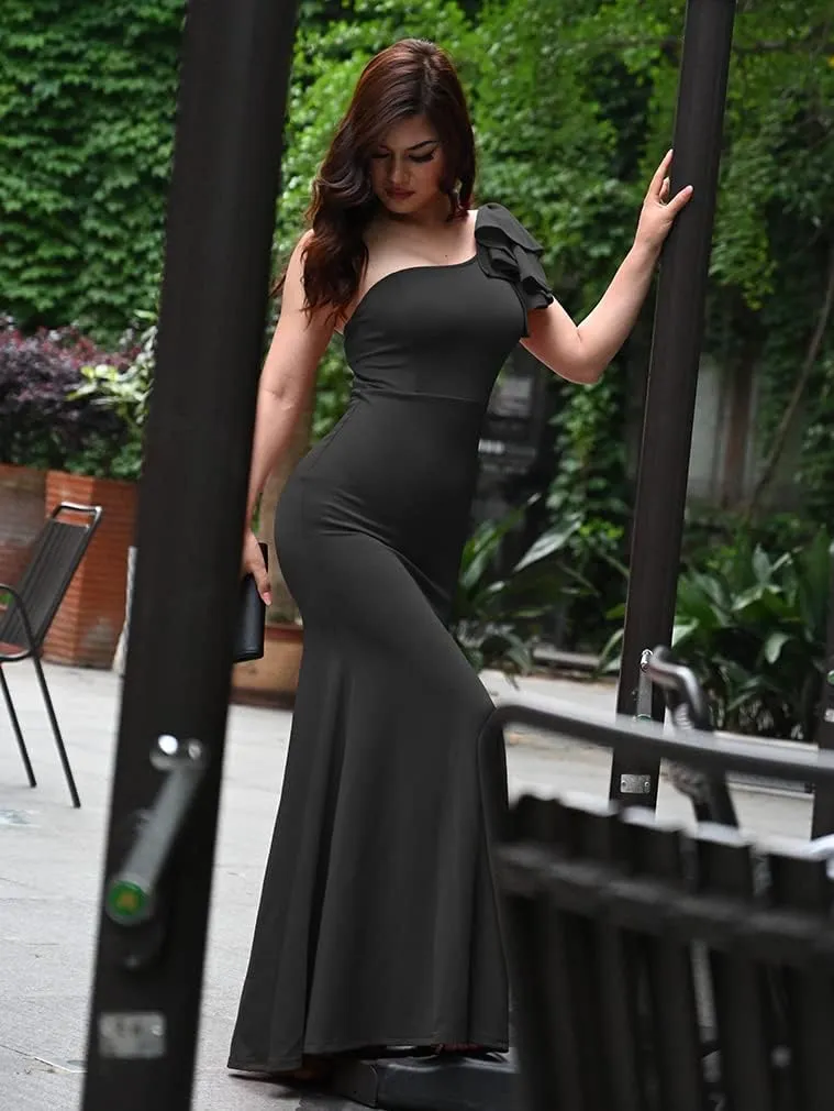 YMDUCH Women's Sexy Sleeveless One Shoulder Ruffle High Split Party Evening Long Formal Dress