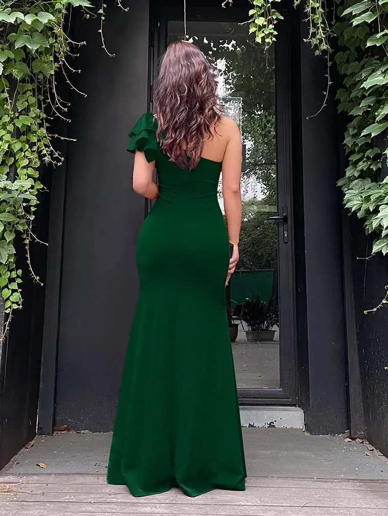 YMDUCH Women's Sexy Sleeveless One Shoulder Ruffle High Split Party Evening Long Formal Dress