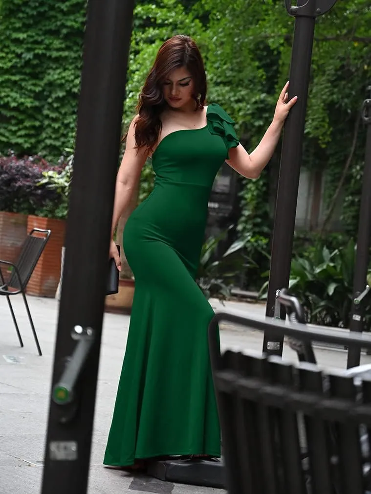 YMDUCH Women's Sexy Sleeveless One Shoulder Ruffle High Split Party Evening Long Formal Dress
