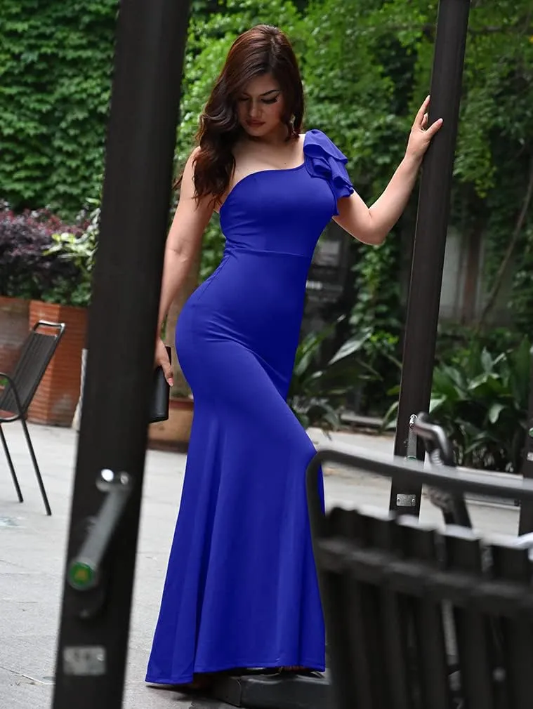 YMDUCH Women's Sexy Sleeveless One Shoulder Ruffle High Split Party Evening Long Formal Dress