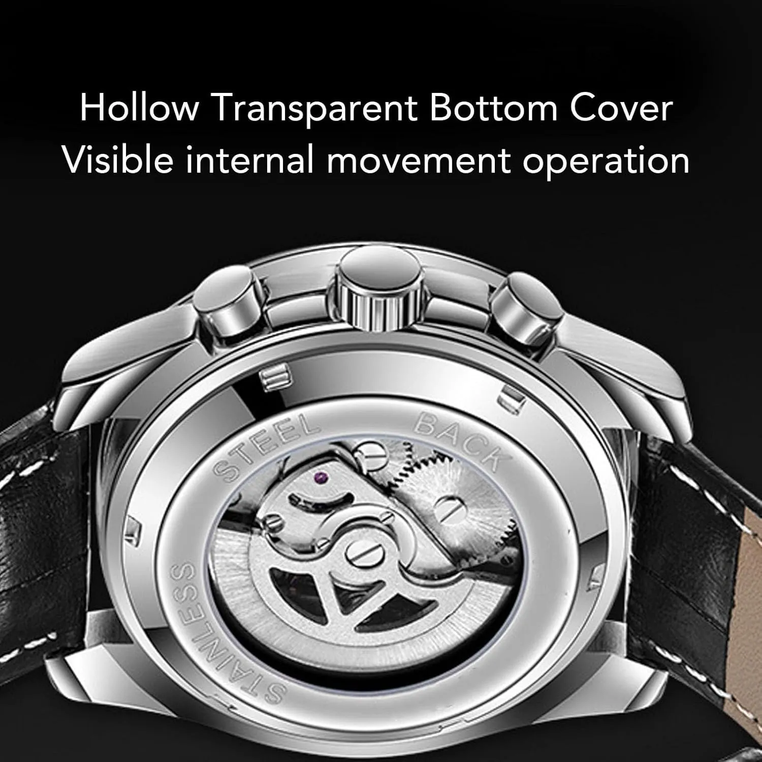 Yosoo Mechanical Moon Phase Watch 6 Luminous Hands Chronograph Display Men Analog Wristwatch with PU Leather Strap Mechanical Watch Men Moon Phase Automatic Mechanical Wrist