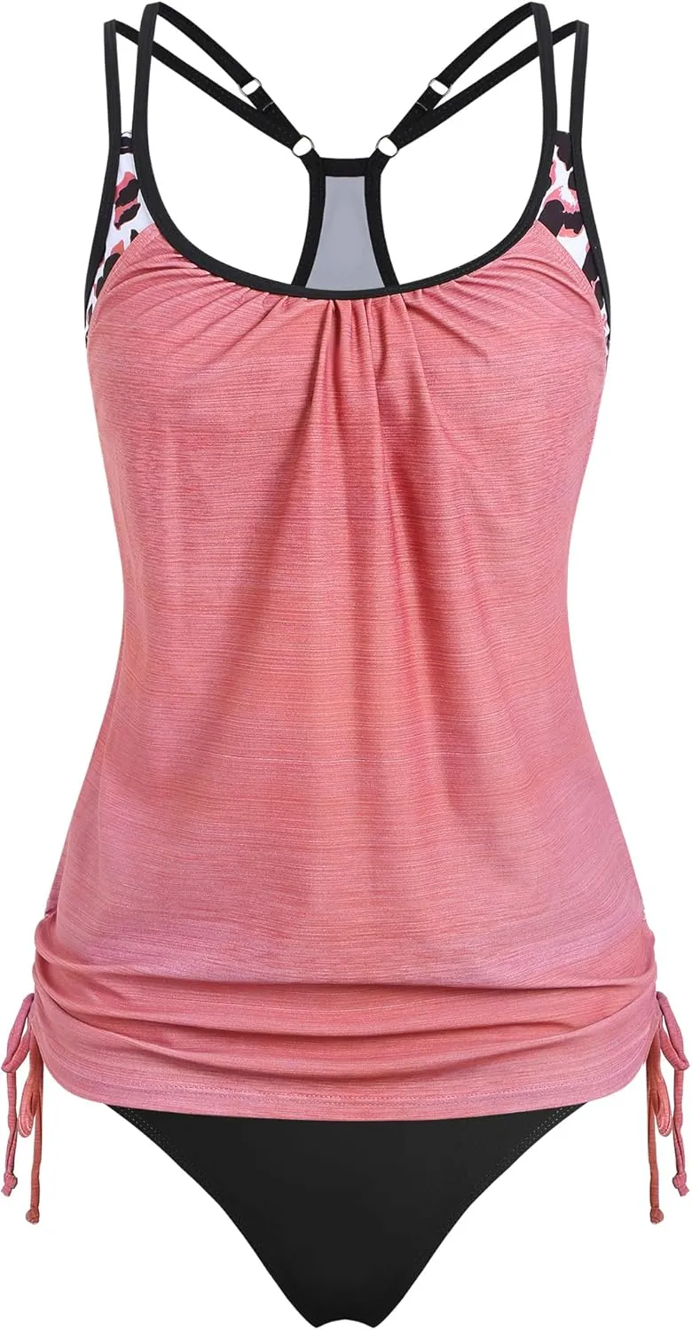 ZAFUL Two Piece Tankini Swimsuit for Women High Waisted Tummy Control Bathing Suit Double Up Tankini Set