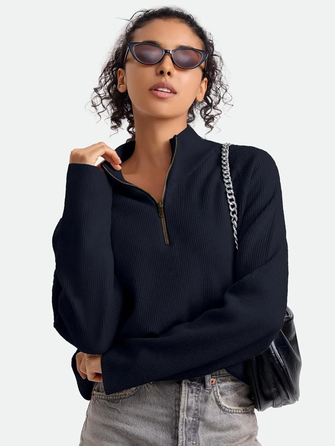ZANZEA Quarter Zip Pullover Women Long Sleeve Knit Sweater V Neck Fall Tops Fashion Clothes 2024