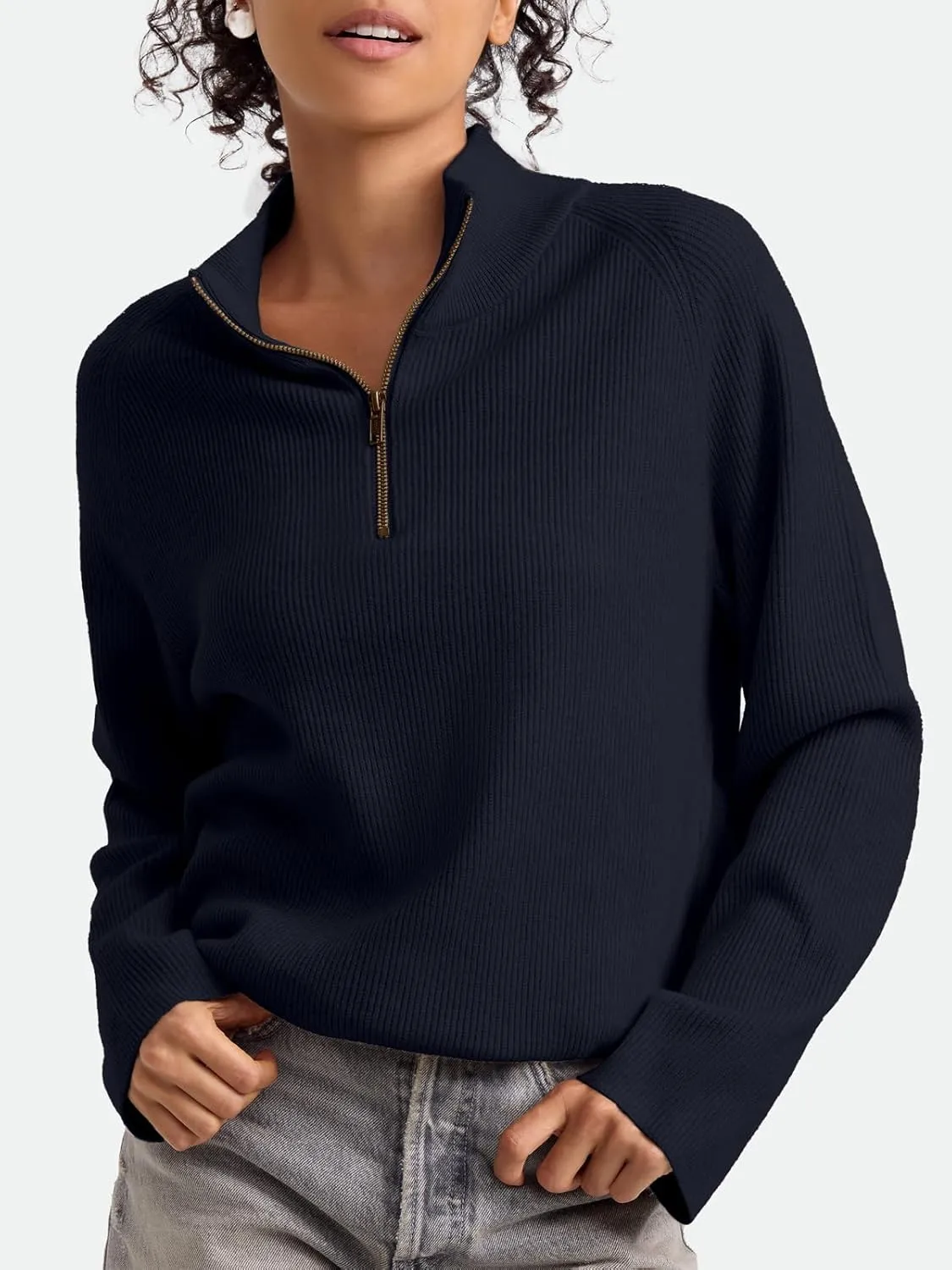 ZANZEA Quarter Zip Pullover Women Long Sleeve Knit Sweater V Neck Fall Tops Fashion Clothes 2024