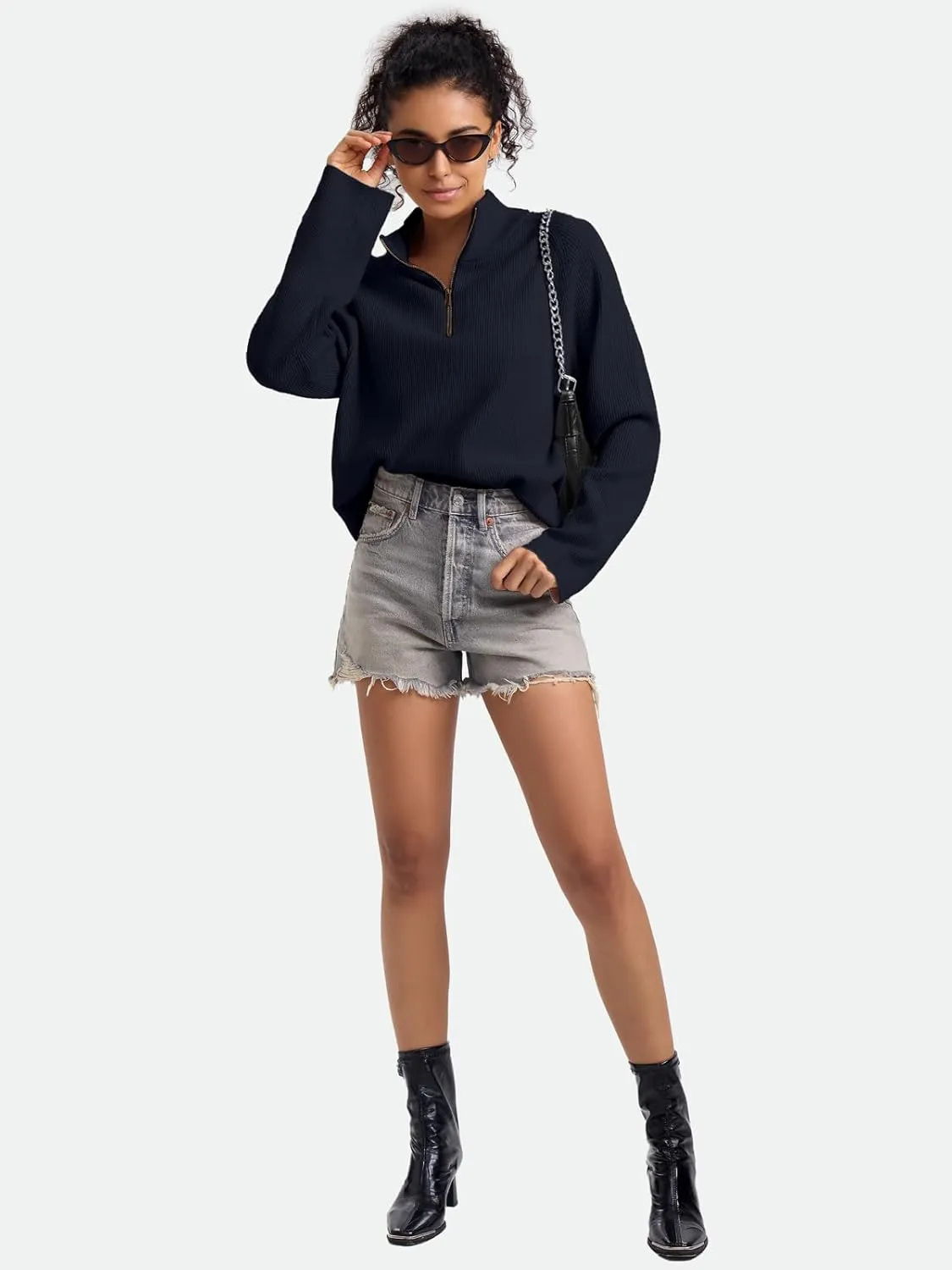 ZANZEA Quarter Zip Pullover Women Long Sleeve Knit Sweater V Neck Fall Tops Fashion Clothes 2024