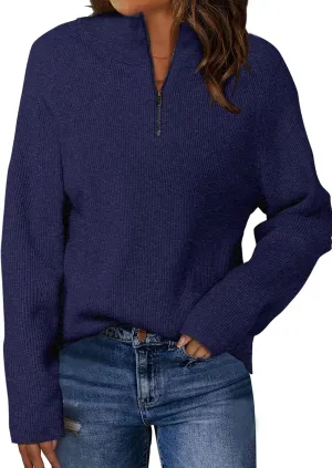 ZANZEA Quarter Zip Pullover Women Long Sleeve Knit Sweater V Neck Fall Tops Fashion Clothes 2024