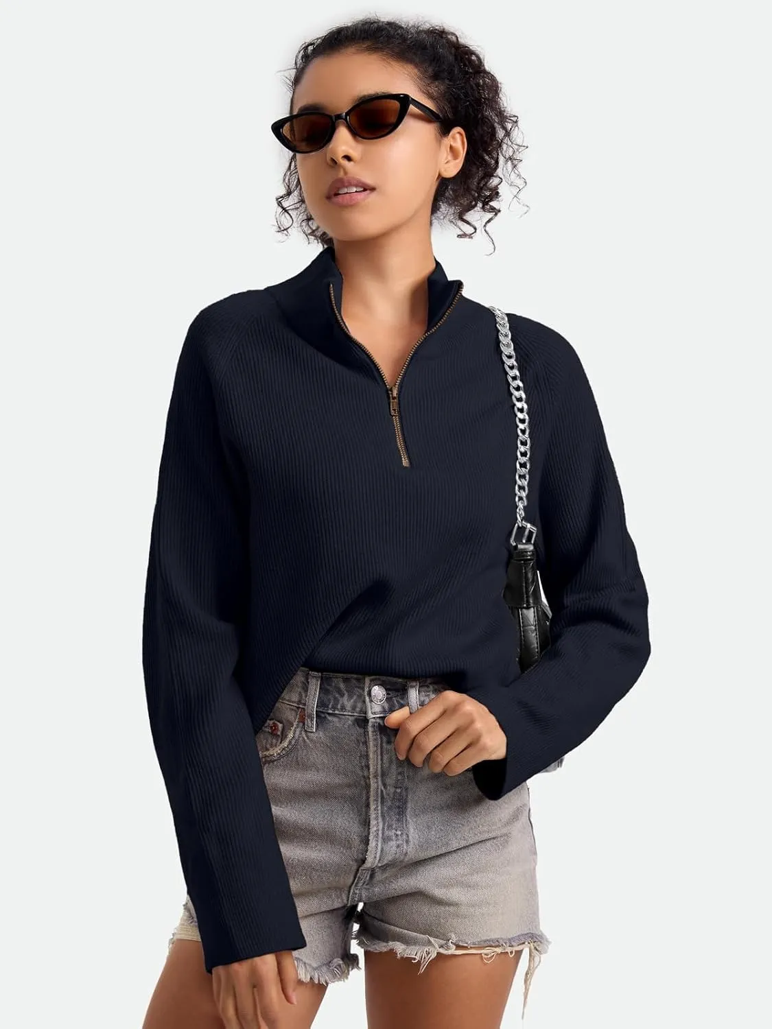 ZANZEA Quarter Zip Pullover Women Long Sleeve Knit Sweater V Neck Fall Tops Fashion Clothes 2024