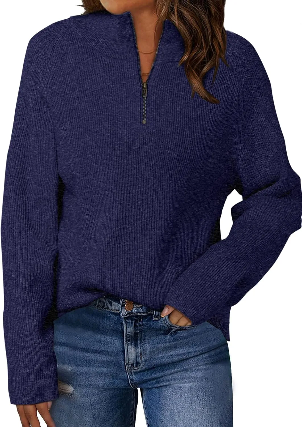 ZANZEA Quarter Zip Pullover Women Long Sleeve Knit Sweater V Neck Fall Tops Fashion Clothes 2024