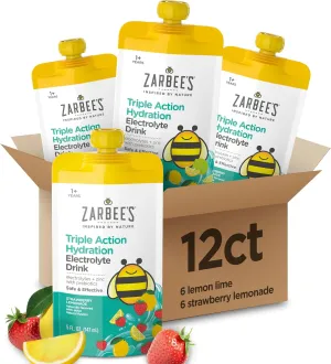 Zarbee's Triple Action Hydration Electrolyte Drink for Kids, Replaces Electrolytes & Helps Mild to Moderate Dehydration, 6 ct Strawberry Lemonade & 6 ct Lemon Lime Bundle, 12 x 5 fl. oz