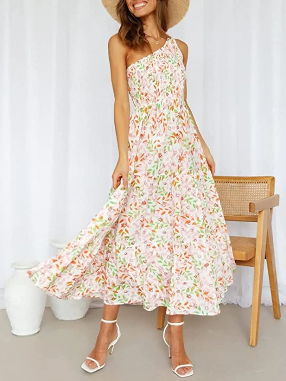ZCSIA Women's 2024 Summer Boho One Shoulder Sleeveless Solid Color Ruffle Beach Party Tiered Midi Dress