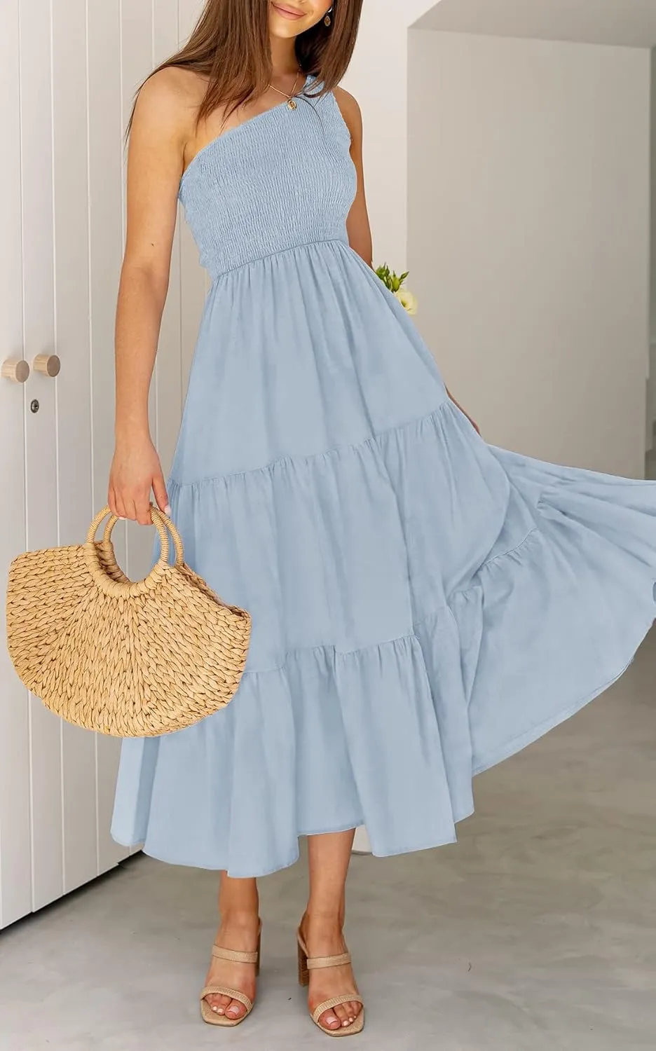 ZCSIA Women's 2024 Summer Boho One Shoulder Sleeveless Solid Color Ruffle Beach Party Tiered Midi Dress