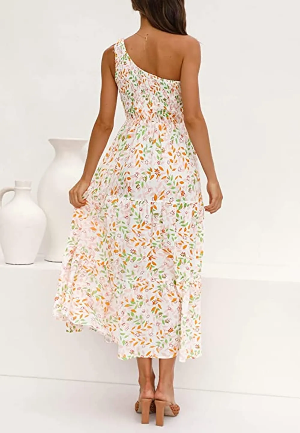 ZCSIA Women's 2024 Summer Boho One Shoulder Sleeveless Solid Color Ruffle Beach Party Tiered Midi Dress