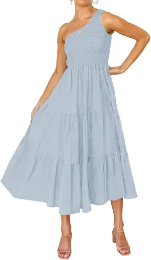 ZCSIA Women's 2024 Summer Boho One Shoulder Sleeveless Solid Color Ruffle Beach Party Tiered Midi Dress