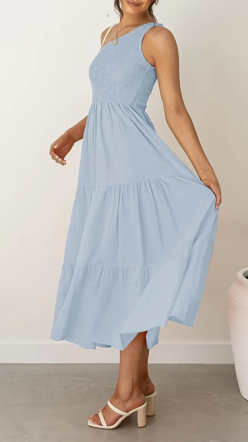 ZCSIA Women's 2024 Summer Boho One Shoulder Sleeveless Solid Color Ruffle Beach Party Tiered Midi Dress