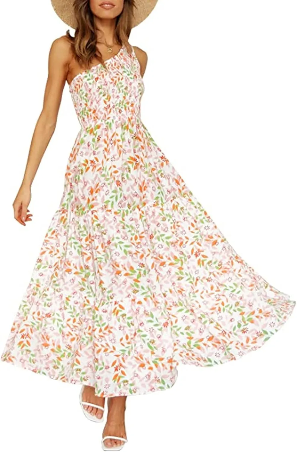 ZCSIA Women's 2024 Summer Boho One Shoulder Sleeveless Solid Color Ruffle Beach Party Tiered Midi Dress
