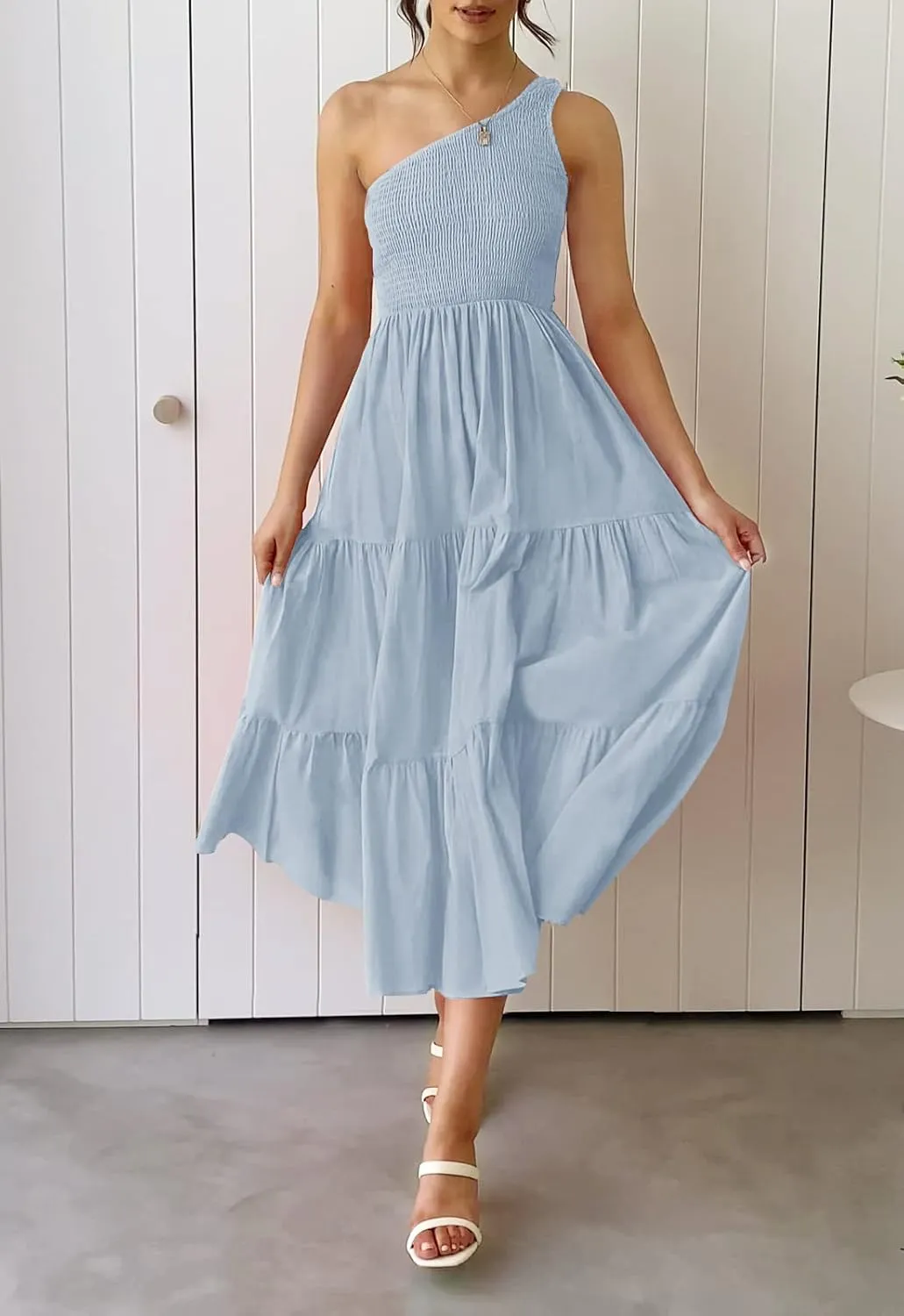 ZCSIA Women's 2024 Summer Boho One Shoulder Sleeveless Solid Color Ruffle Beach Party Tiered Midi Dress