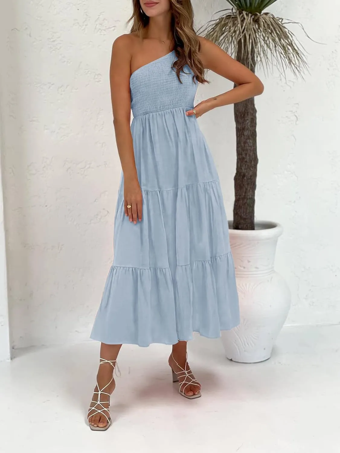 ZCSIA Women's 2024 Summer Boho One Shoulder Sleeveless Solid Color Ruffle Beach Party Tiered Midi Dress