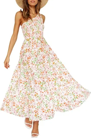 ZCSIA Women's 2024 Summer Boho One Shoulder Sleeveless Solid Color Ruffle Beach Party Tiered Midi Dress