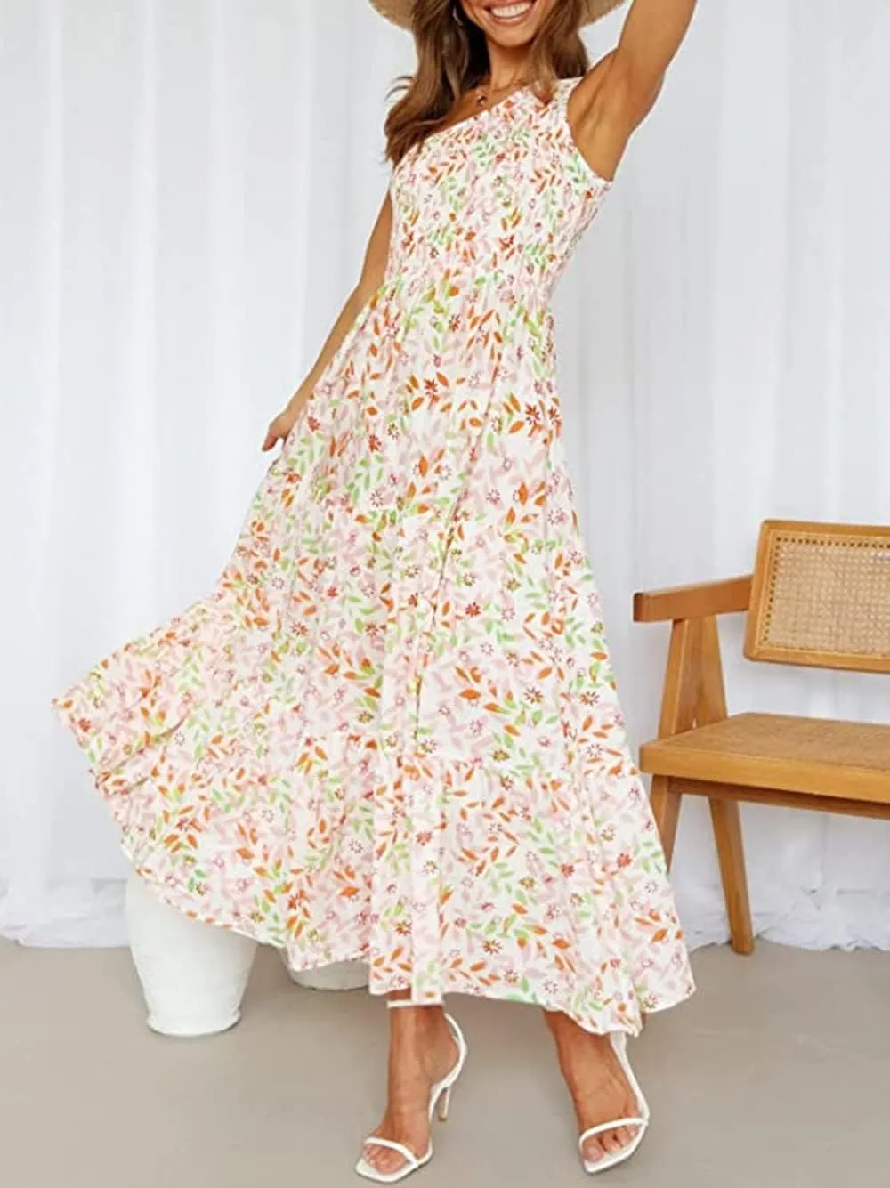 ZCSIA Women's 2024 Summer Boho One Shoulder Sleeveless Solid Color Ruffle Beach Party Tiered Midi Dress