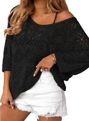 Zeagoo Women's Summer Crochet Off The Shoulder Hollow Out Knit Tops 2025 V Neck 3/4 Sleeve Sweater Top
