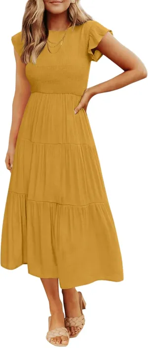 ZESICA Women's 2025 Summer Casual Flutter Short Sleeve Crew Neck Smocked Elastic Waist Tiered Midi Dress