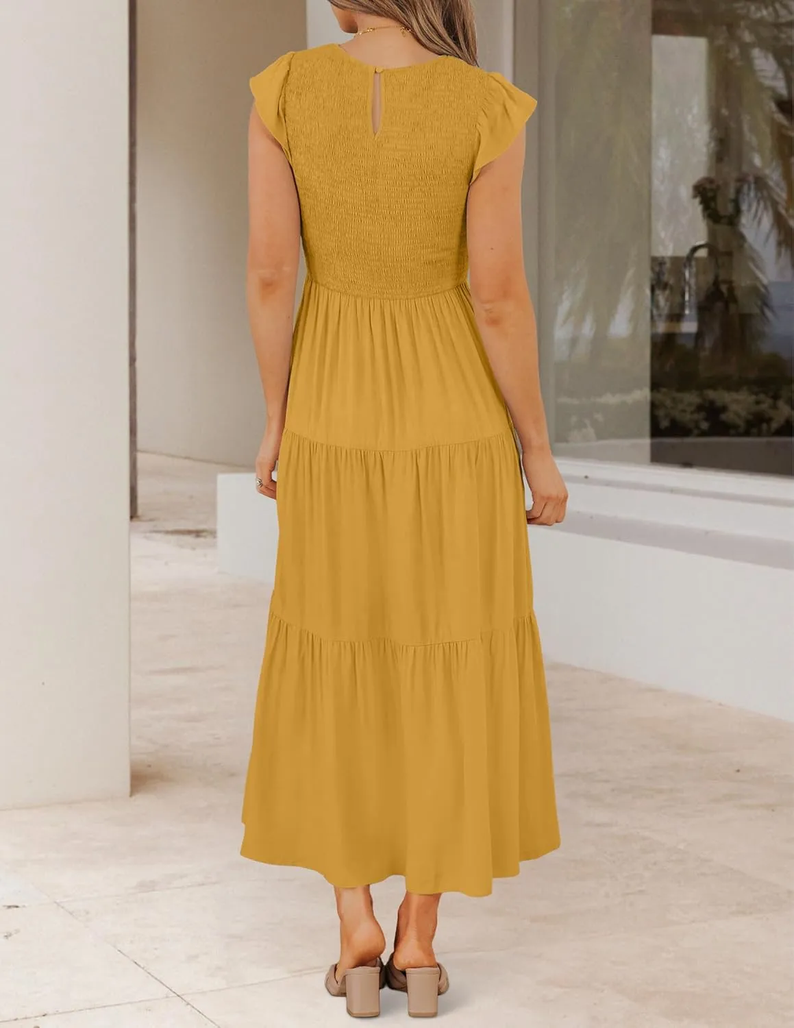 ZESICA Women's 2025 Summer Casual Flutter Short Sleeve Crew Neck Smocked Elastic Waist Tiered Midi Dress