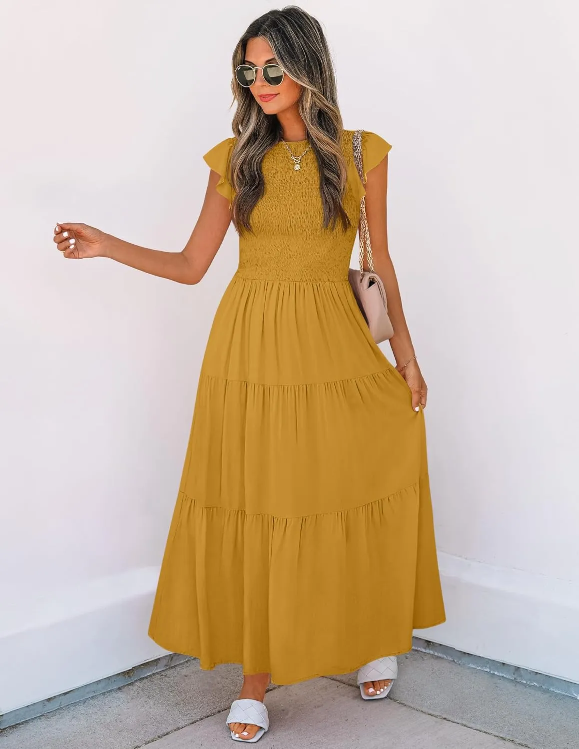 ZESICA Women's 2025 Summer Casual Flutter Short Sleeve Crew Neck Smocked Elastic Waist Tiered Midi Dress