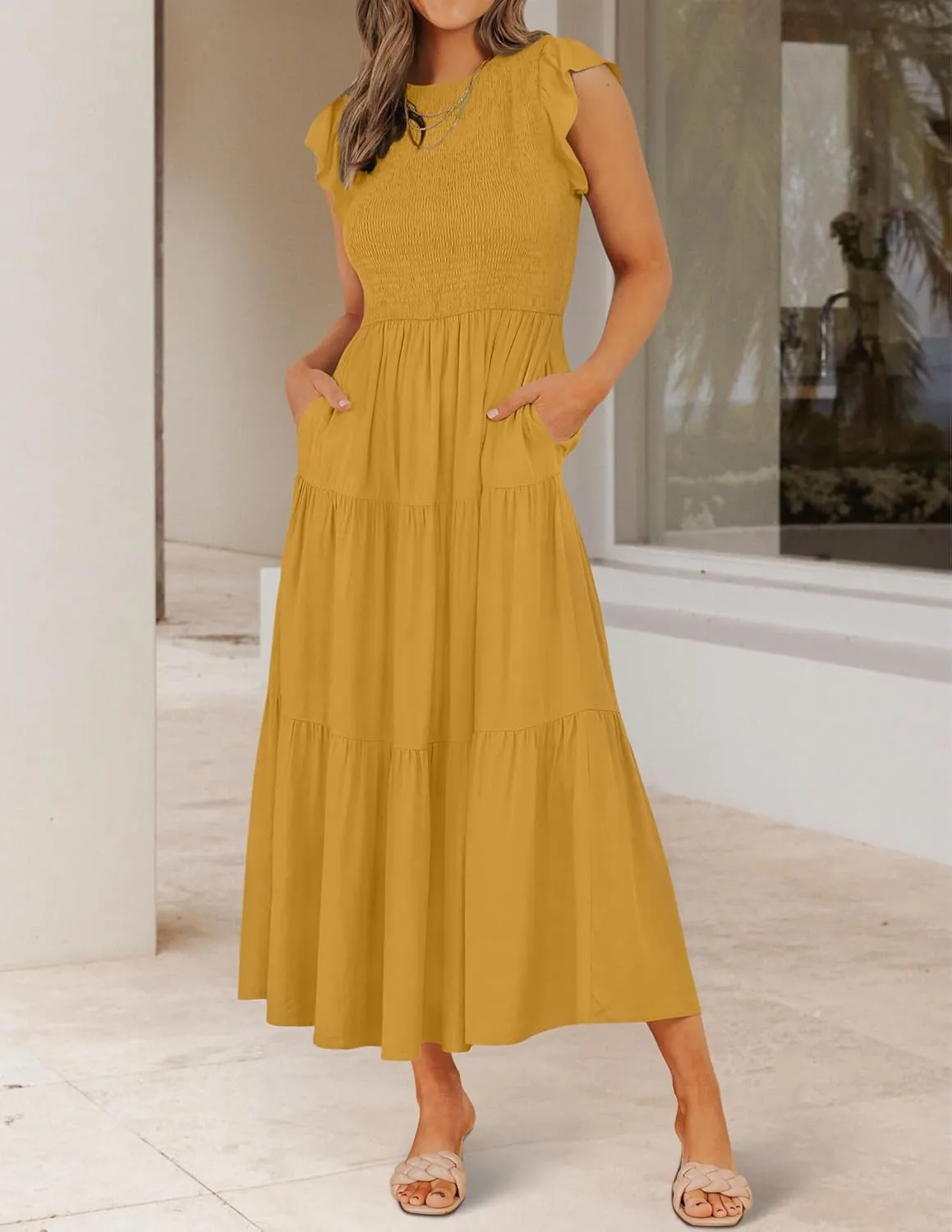 ZESICA Women's 2025 Summer Casual Flutter Short Sleeve Crew Neck Smocked Elastic Waist Tiered Midi Dress