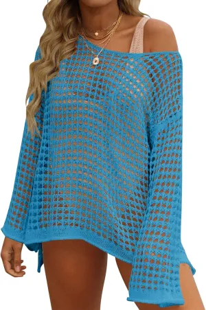 ZESICA Women's 2025 Summer Crochet Hollow Out Long Sleeve Beach Bikini Swimsuit Mesh Cover Up Tunic Top