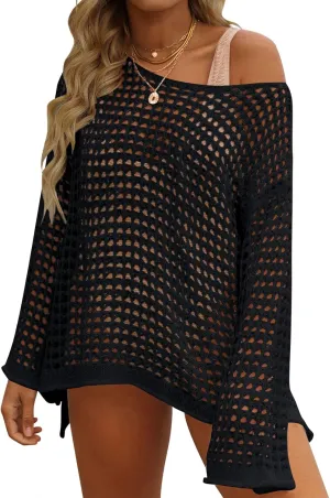 ZESICA Women's 2025 Summer Crochet Hollow Out Long Sleeve Beach Bikini Swimsuit Mesh Cover Up Tunic Top