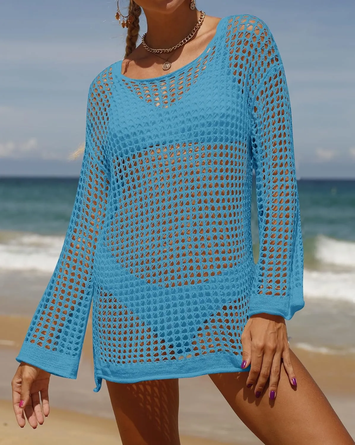 ZESICA Women's 2025 Summer Crochet Hollow Out Long Sleeve Beach Bikini Swimsuit Mesh Cover Up Tunic Top