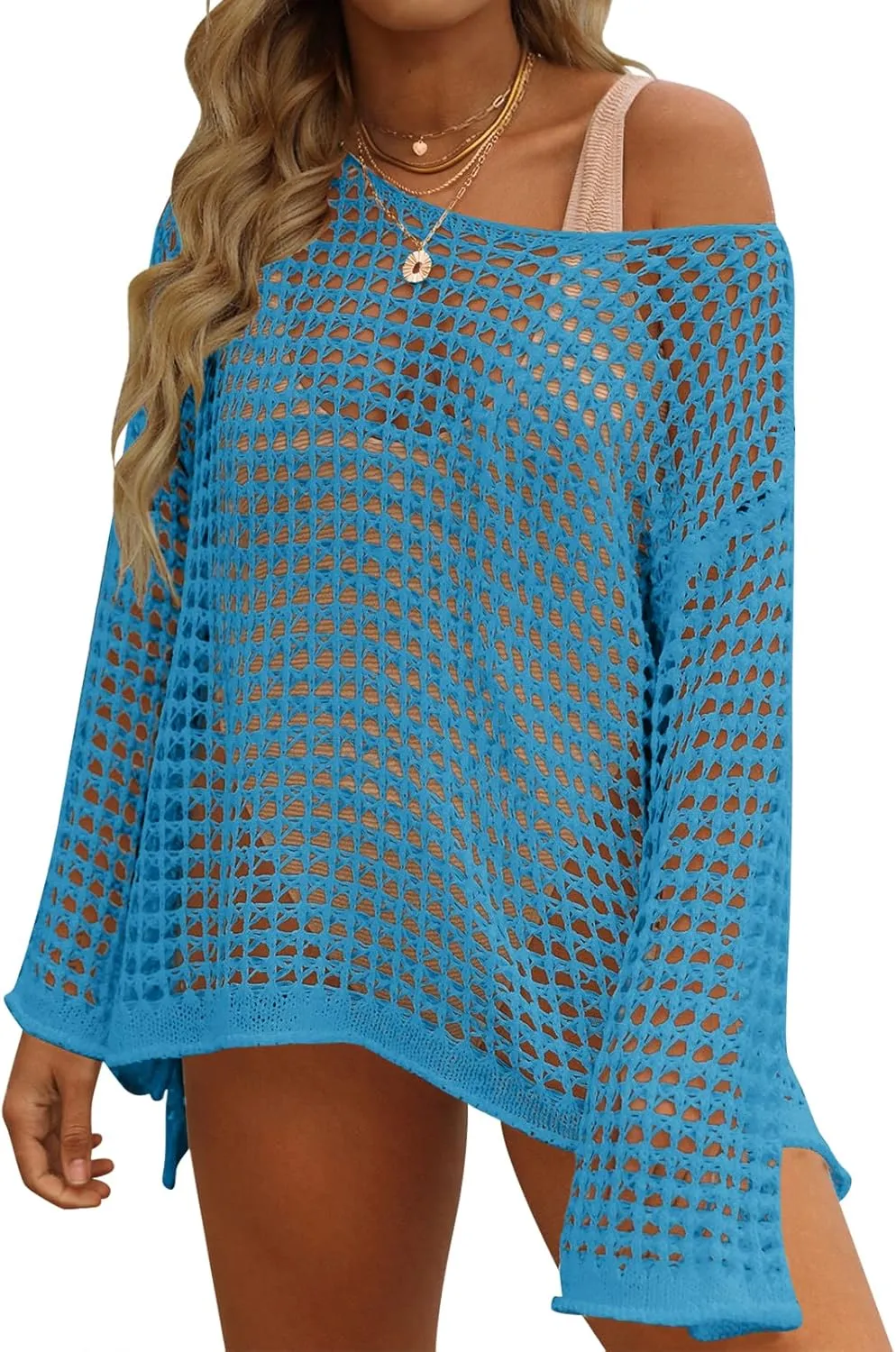 ZESICA Women's 2025 Summer Crochet Hollow Out Long Sleeve Beach Bikini Swimsuit Mesh Cover Up Tunic Top