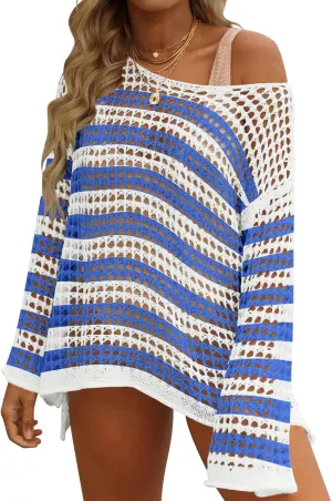 ZESICA Women's 2025 Summer Crochet Hollow Out Long Sleeve Beach Bikini Swimsuit Mesh Cover Up Tunic Top