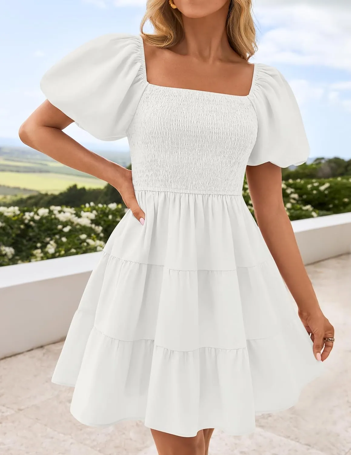 ZESICA Women's Boho 2025 Summer Square Neck Puff Sleeve Off Shoulder Smocked Tiered Casual A Line Short Mini Dress