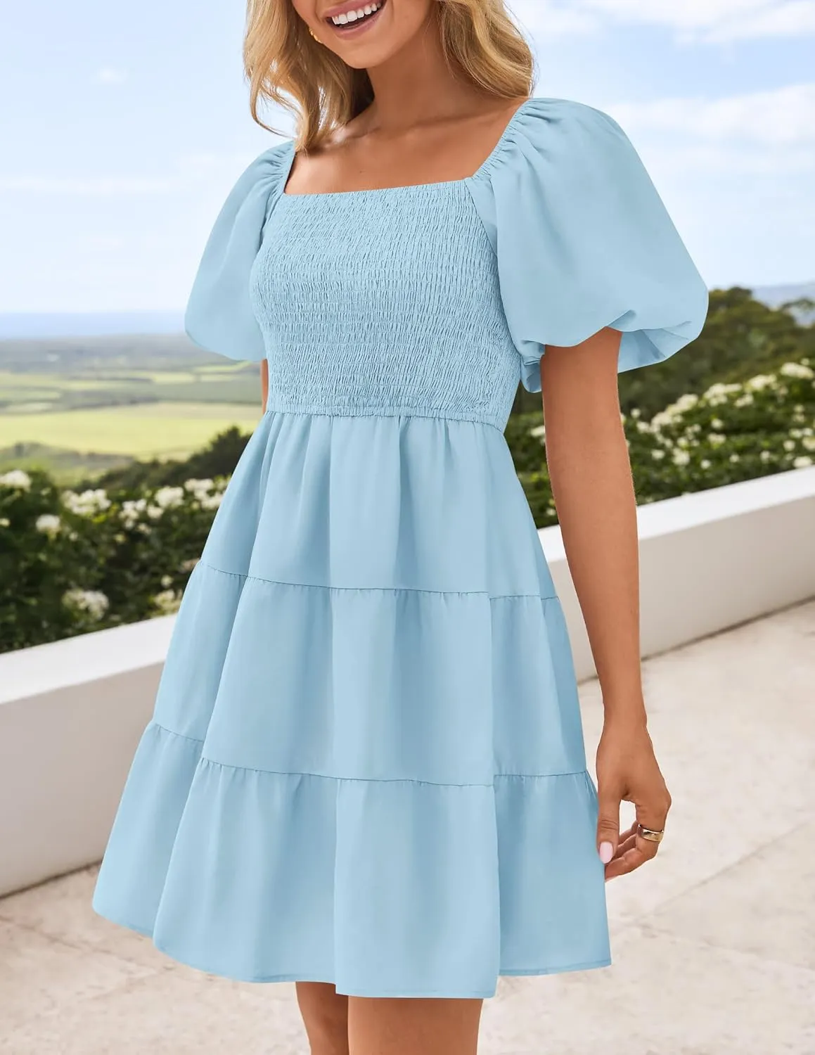 ZESICA Women's Boho 2025 Summer Square Neck Puff Sleeve Off Shoulder Smocked Tiered Casual A Line Short Mini Dress
