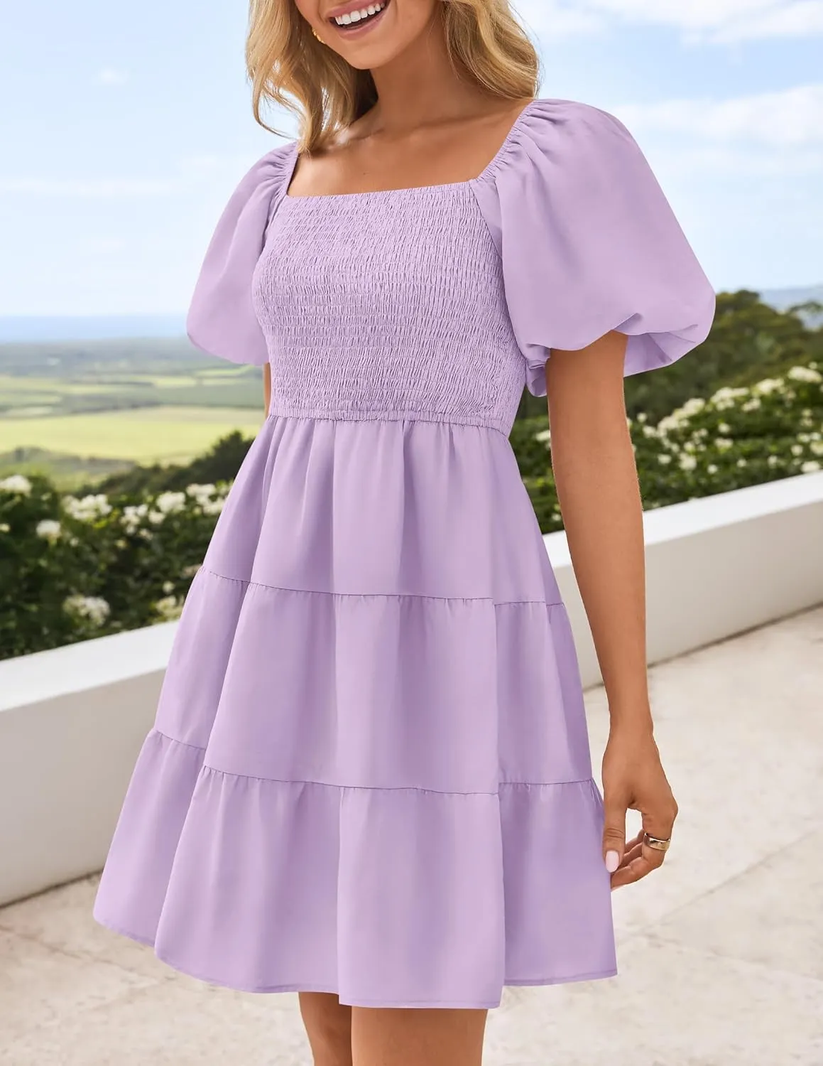 ZESICA Women's Boho 2025 Summer Square Neck Puff Sleeve Off Shoulder Smocked Tiered Casual A Line Short Mini Dress