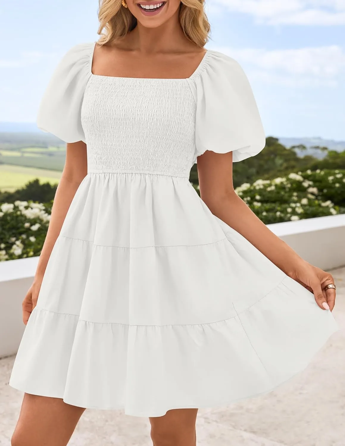 ZESICA Women's Boho 2025 Summer Square Neck Puff Sleeve Off Shoulder Smocked Tiered Casual A Line Short Mini Dress