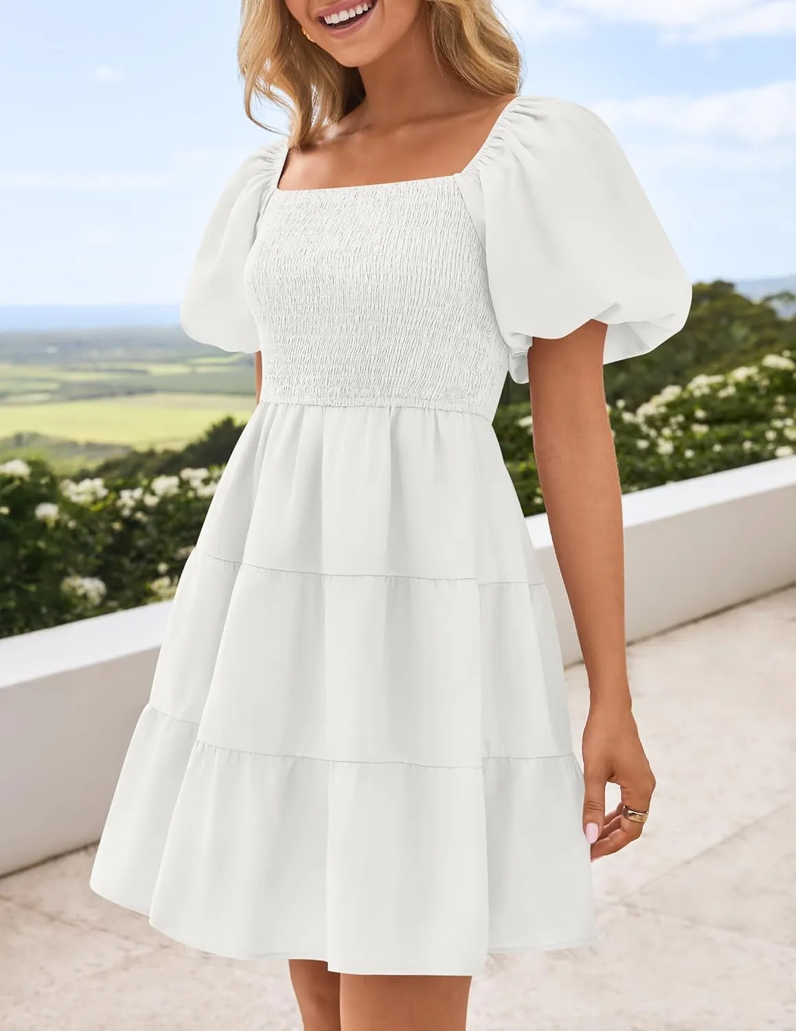 ZESICA Women's Boho 2025 Summer Square Neck Puff Sleeve Off Shoulder Smocked Tiered Casual A Line Short Mini Dress