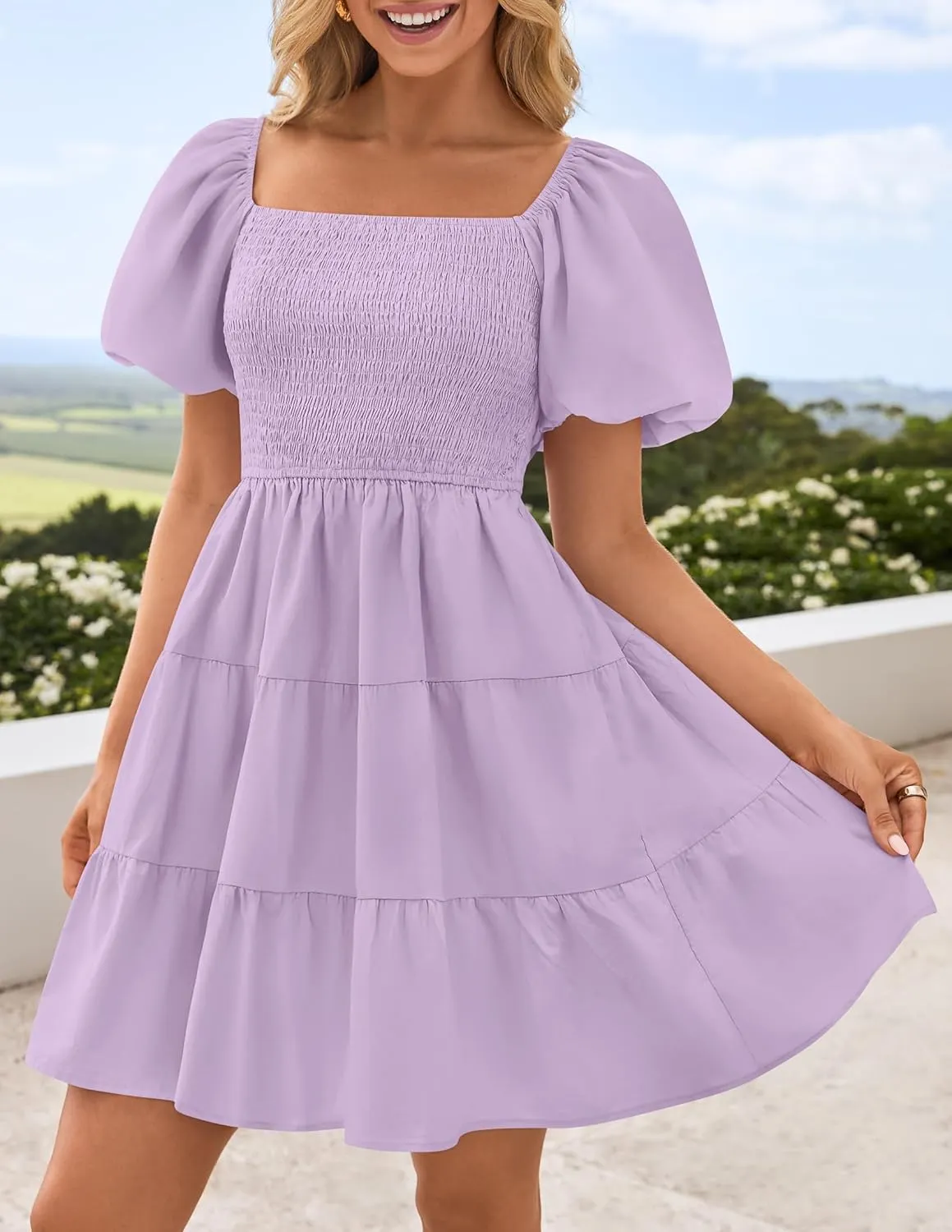 ZESICA Women's Boho 2025 Summer Square Neck Puff Sleeve Off Shoulder Smocked Tiered Casual A Line Short Mini Dress