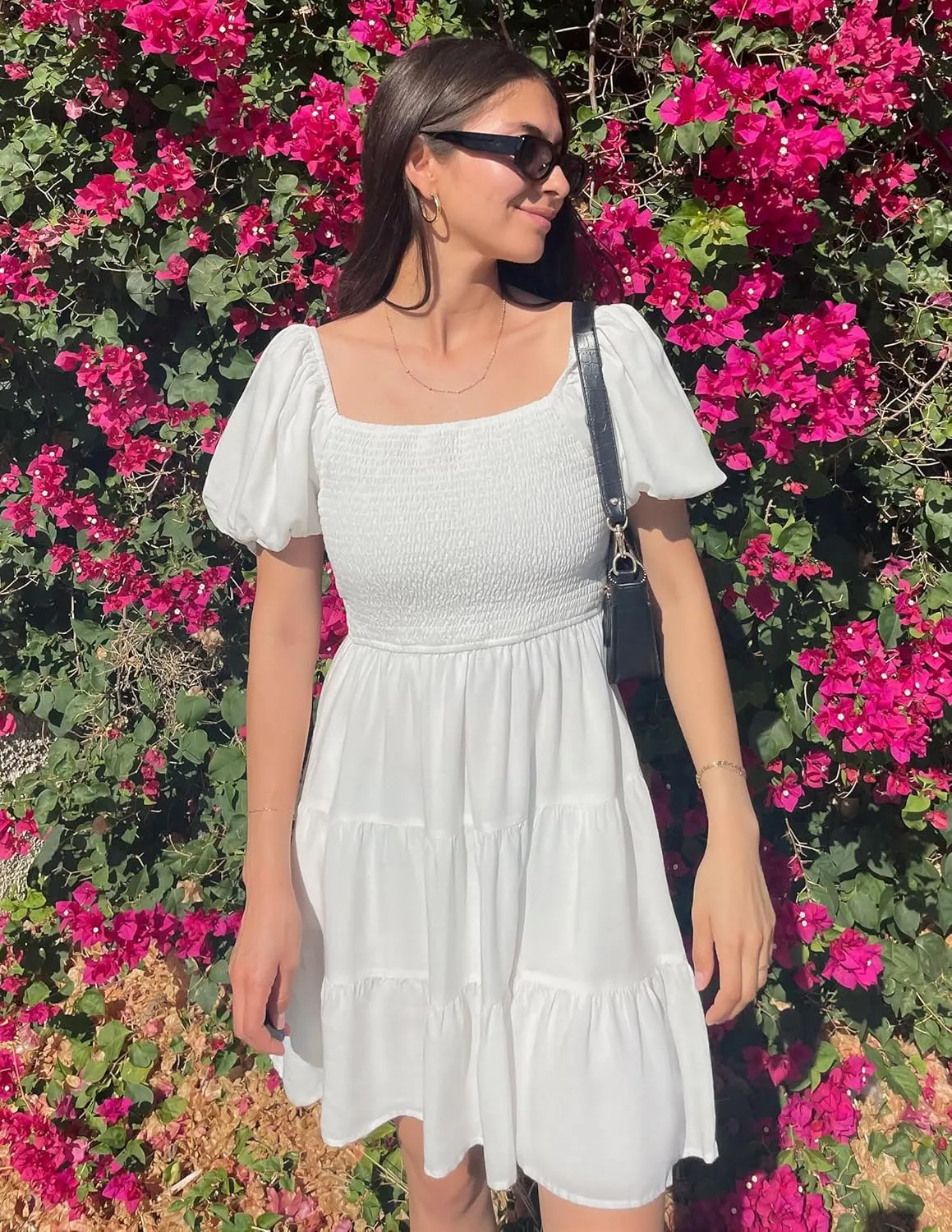 ZESICA Women's Boho 2025 Summer Square Neck Puff Sleeve Off Shoulder Smocked Tiered Casual A Line Short Mini Dress