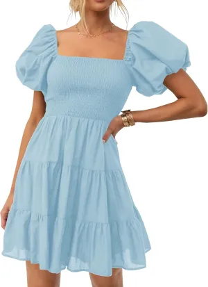 ZESICA Women's Boho 2025 Summer Square Neck Puff Sleeve Off Shoulder Smocked Tiered Casual A Line Short Mini Dress