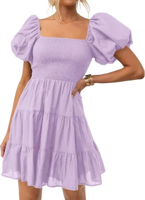 ZESICA Women's Boho 2025 Summer Square Neck Puff Sleeve Off Shoulder Smocked Tiered Casual A Line Short Mini Dress