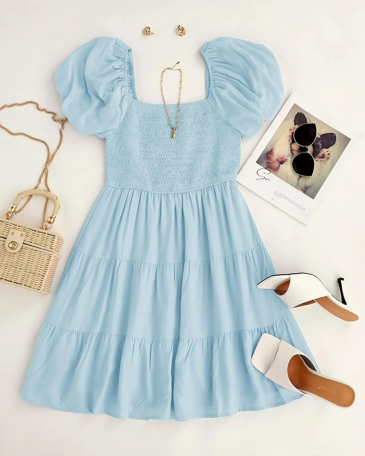 ZESICA Women's Boho 2025 Summer Square Neck Puff Sleeve Off Shoulder Smocked Tiered Casual A Line Short Mini Dress