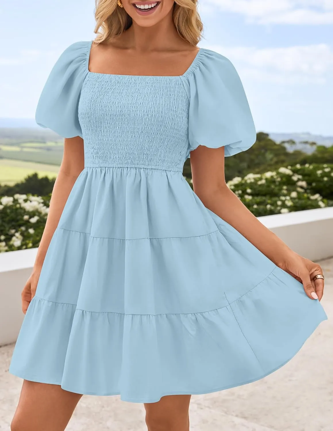 ZESICA Women's Boho 2025 Summer Square Neck Puff Sleeve Off Shoulder Smocked Tiered Casual A Line Short Mini Dress