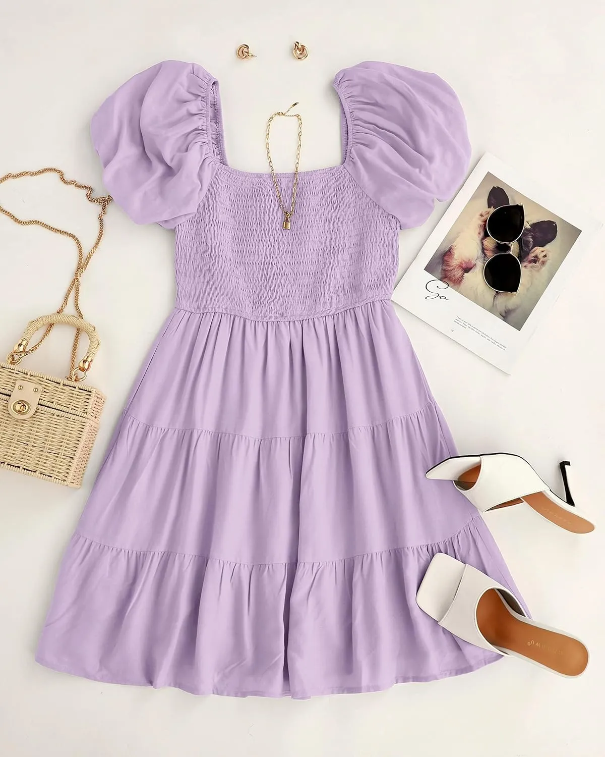 ZESICA Women's Boho 2025 Summer Square Neck Puff Sleeve Off Shoulder Smocked Tiered Casual A Line Short Mini Dress