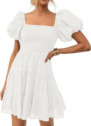 ZESICA Women's Boho 2025 Summer Square Neck Puff Sleeve Off Shoulder Smocked Tiered Casual A Line Short Mini Dress