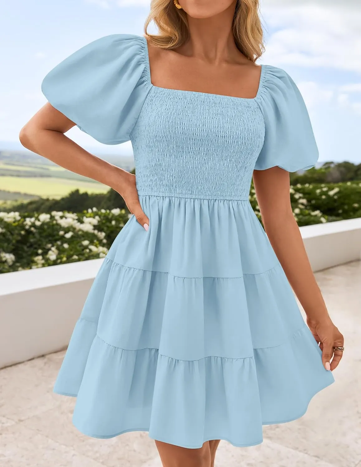 ZESICA Women's Boho 2025 Summer Square Neck Puff Sleeve Off Shoulder Smocked Tiered Casual A Line Short Mini Dress